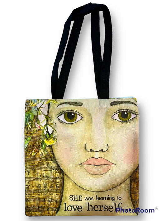 whimsy and me, multi colored, vintage tones, flower girl, mixed media, girl, green eyes, whimsical girl, choices, forgiveness, original artwork, learning, vintage sheet music, tote bag