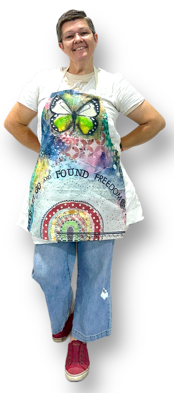 whimsy and me, multi colored, rainbow, butterfly, freedom, letting go, mixed media, choices, forgiveness, original artwork, adults apron