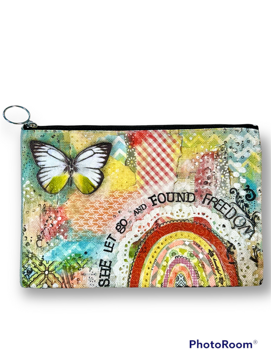 whimsy and me, multi colored, butterfly, rainbow, freedom, letting go, mixed media, choices, forgiveness, original artwork, beauty bag, zipper closure