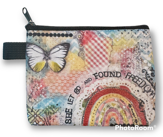 whimsy and me, multi colored, rainbow, butterfly, freedom, letting go, mixed media, choices, forgiveness, original artwork, coin purse, zipper closure