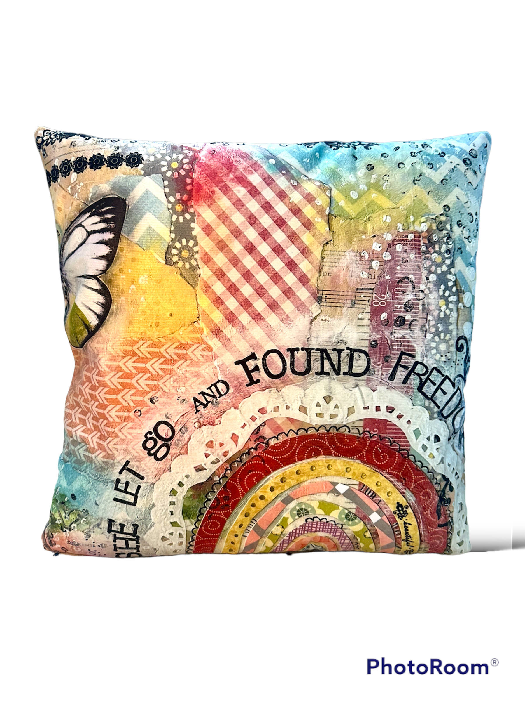 whimsy and me, multi colored, butterfly, rainbow, freedom, letting go, mixed media, choices, forgiveness, original artwork, cushion cover, zipper closure, soft