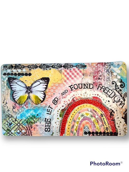 whimsy and me, multi colored, butterfly, rainbow, freedom, letting go, mixed media, choices, forgiveness, original artwork, gaming mat, soft, comfortable
