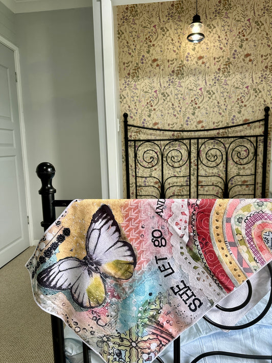 whimsy and me, multi colored, rainbow, butterfly, freedom, letting go, mixed media, choices, forgiveness, original artwork, gym towel, soft