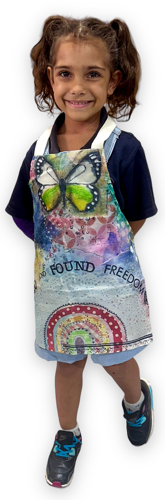whimsy and me, multi colored, rainbow, butterfly, freedom, letting go, mixed media, choices, forgiveness, original artwork, kids apron