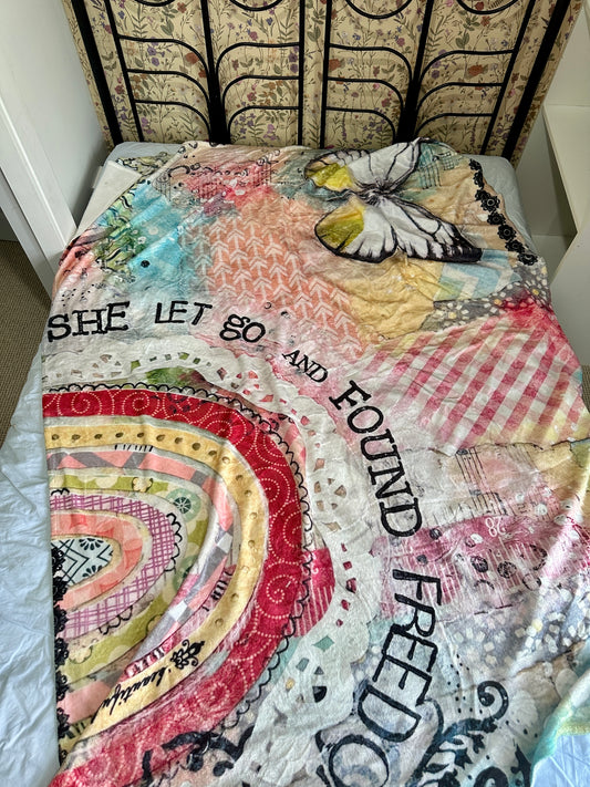 whimsy and me, multi colored, rainbow, butterfly, freedom, letting go, mixed media, choices, forgiveness, original artwork, minki blanket, soft, snuggly, cosy, queen bed