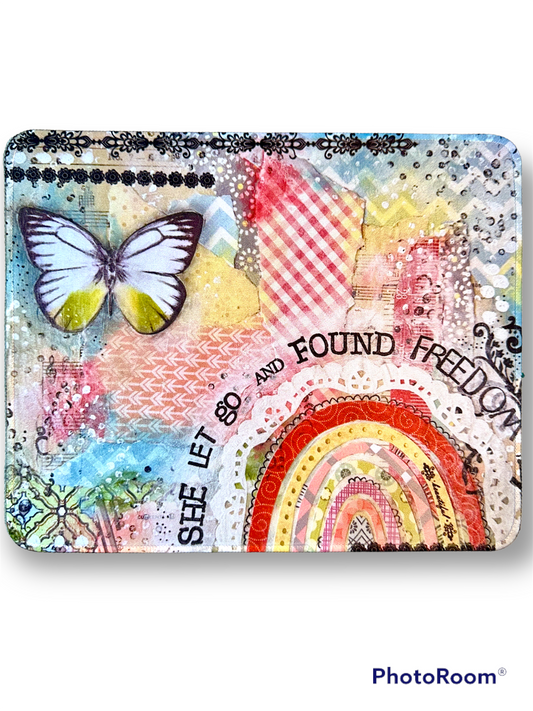 whimsy and me, multi colored, rainbow, butterfly, freedom, letting go, mixed media, choices, forgiveness, original artwork, mouse pad, soft