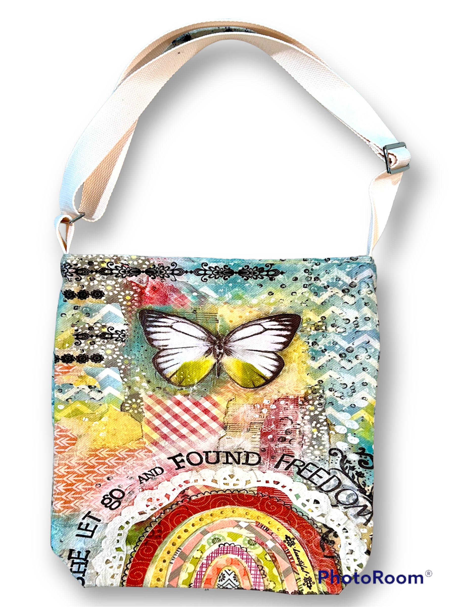 whimsy and me, multi colored, butterfly, rainbow, freedom, letting go, mixed media, choices, forgiveness, original artwork, satchel bag, zipper closure, phone pocket, adjustable strap