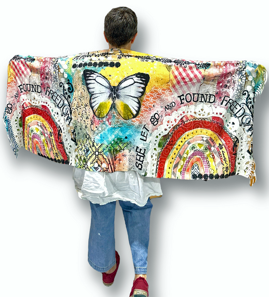 whimsy and me, multi colored, rainbow, butterfly, freedom, letting go, mixed media, choices, forgiveness, original artwork, soft, snuggly, shawl