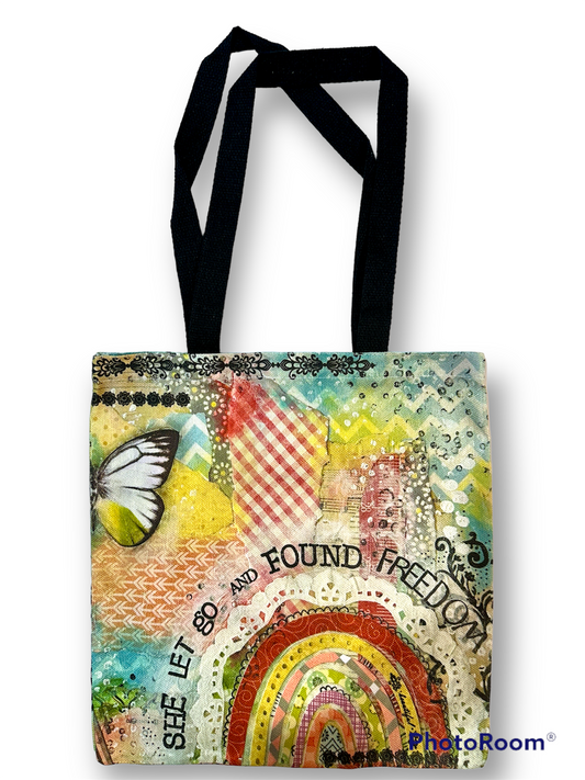 whimsy and me, multi colored, butterfly, rainbow, freedom, letting go, mixed media, choices, forgiveness, original artwork, tote bag