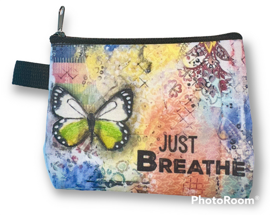 whimsy and me, multi colored, butterfly, freedom, letting go, mixed media, choices, forgiveness, original artwork, coin purse, zipper closure