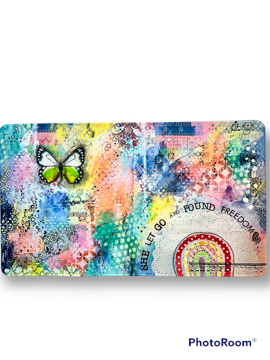 whimsy and me, multi colored, butterfly, rainbow, freedom, letting go, mixed media, choices, forgiveness, original artwork, gaming mat, soft, comfortable