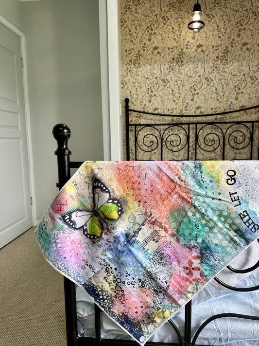 whimsy and me, multi colored, rainbow, butterfly, freedom, letting go, mixed media, choices, forgiveness, original artwork, gym towel, soft