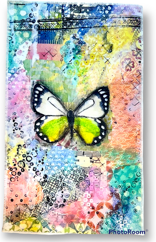 whimsy and me, multi colored, butterfly, rainbow, freedom, letting go, mixed media, choices, forgiveness, original artwork, hand towel, soft