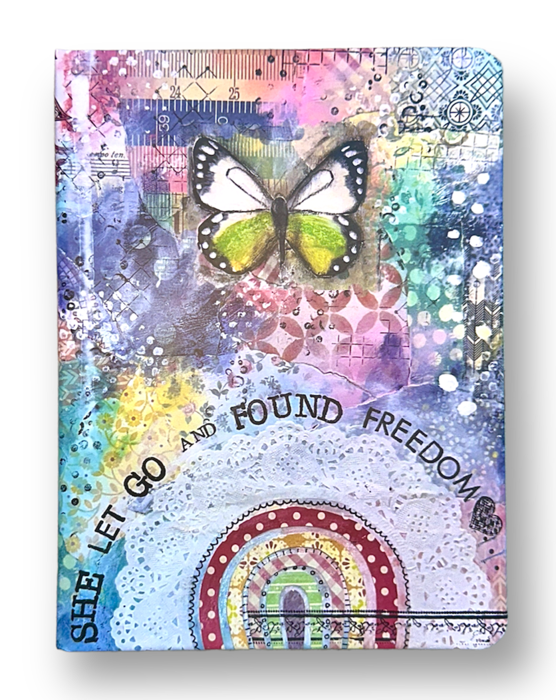 whimsy and me, multi colored, butterfly, rainbow, freedom, letting go, mixed media, choices, forgiveness, original artwork, gaming mat, note book, journal, art, hard cover