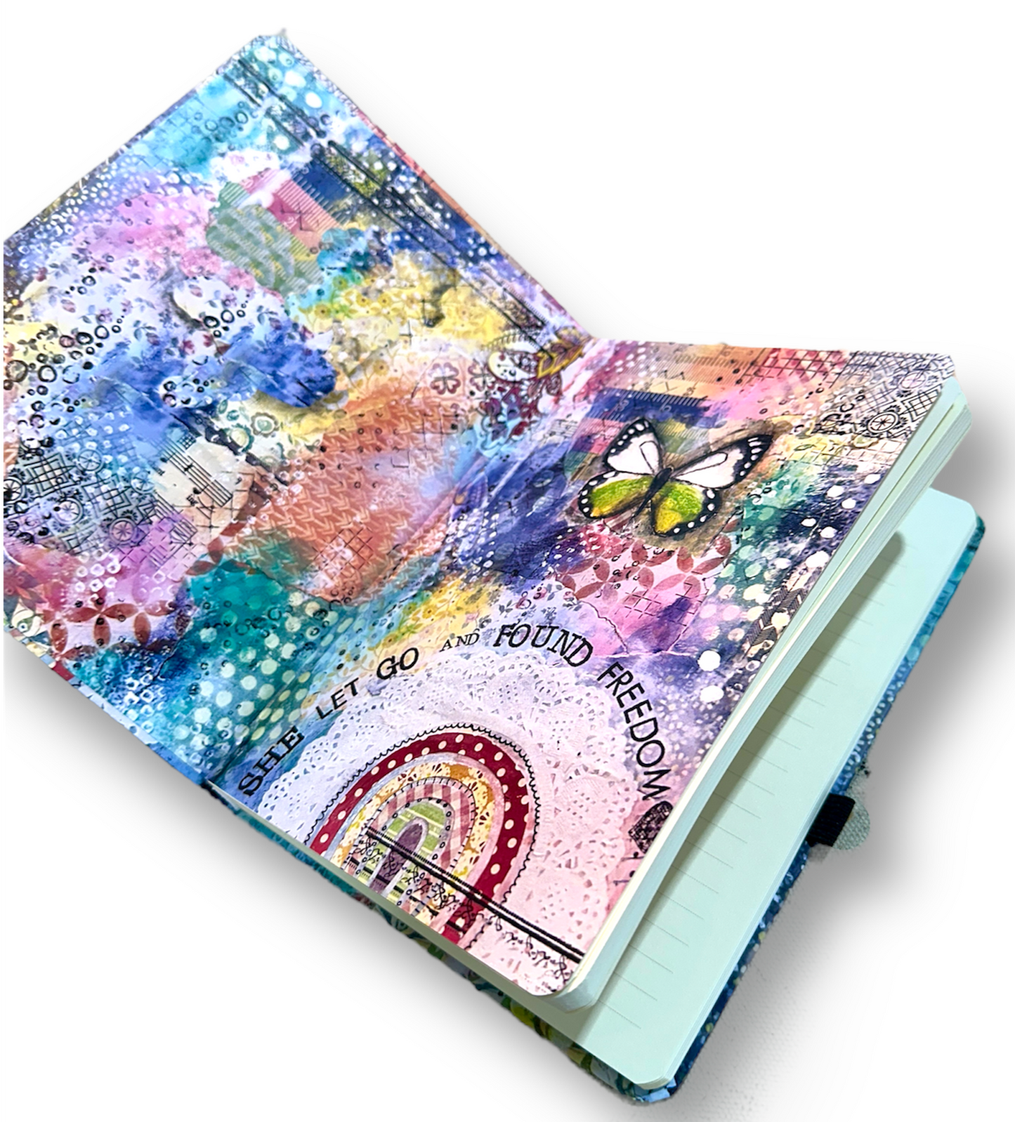 whimsy and me, multi colored, butterfly, rainbow, freedom, letting go, mixed media, choices, forgiveness, original artwork, gaming mat, note book, journal, art, hard cover