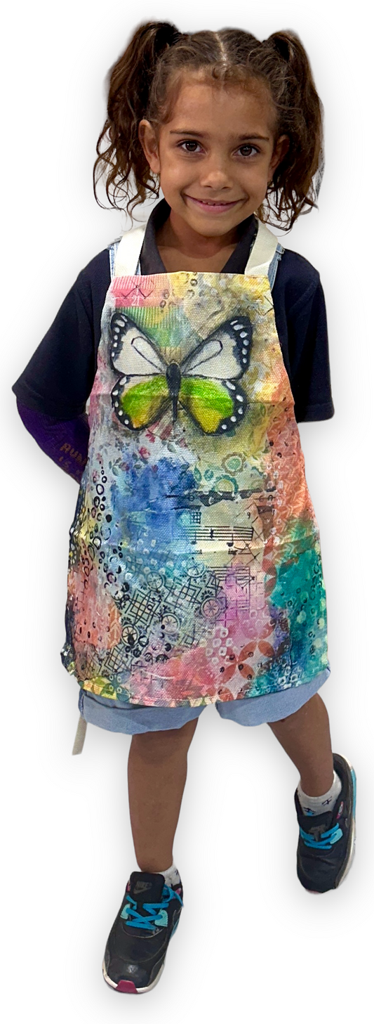 whimsy and me, multi colored, rainbow, butterfly, freedom, letting go, mixed media, choices, forgiveness, original artwork, childs apron