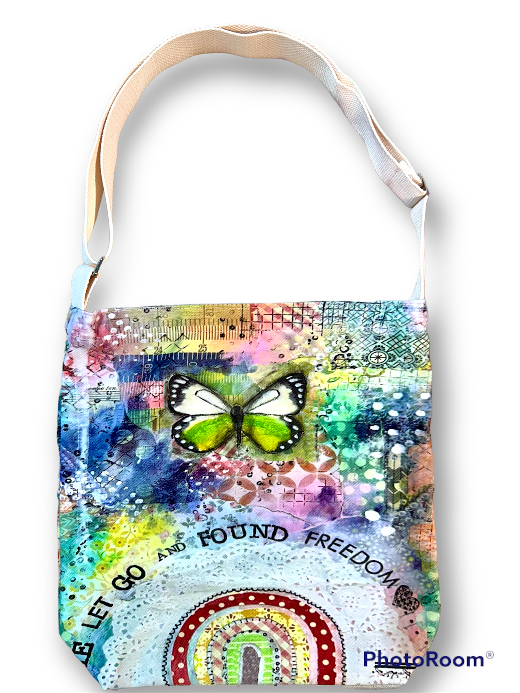 whimsy and me, multi colored, butterfly, rainbow, freedom, letting go, mixed media, choices, forgiveness, original artwork, satchel bag, zipper closure, phone pocket, adjustable strap
