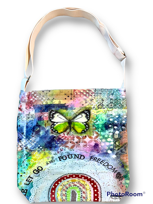 whimsy and me, multi colored, butterfly, rainbow, freedom, letting go, mixed media, choices, forgiveness, original artwork, satchel bag, zipper closure, phone pocket, adjustable strap