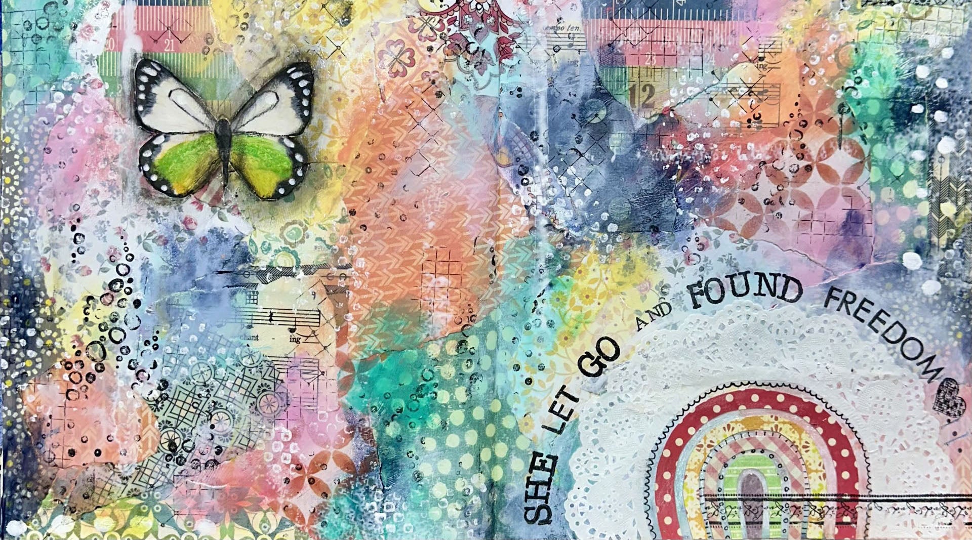 whimsy and me, multi colored, rainbow, butterfly, freedom, letting go, mixed media, choices, forgiveness, original artwork, gym towel, soft