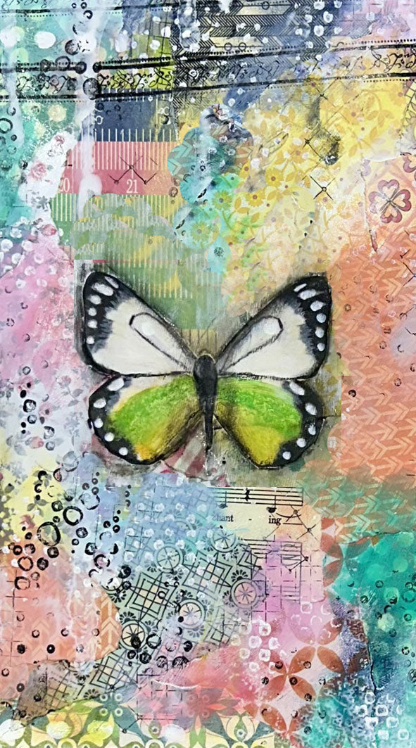 whimsy and me, multi colored, butterfly, freedom, letting go, mixed media, choices, forgiveness, original artwork, gym towel, soft