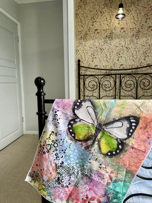 whimsy and me, multi colored, butterfly, freedom, letting go, mixed media, choices, forgiveness, original artwork, gym towel, soft