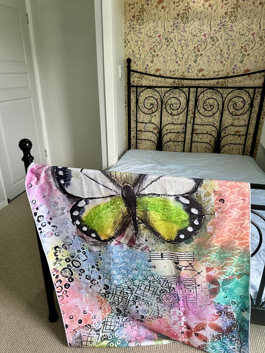 whimsy and me, multi colored, butterfly, freedom, letting go, mixed media, choices, forgiveness, original artwork, beach towel, soft