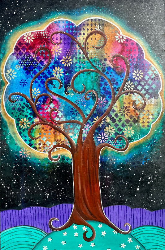 whimsy and me, whimsical, tree of life, intuitive painting, bold colors, flowers, water, free, purple, turquoise, forest, tree