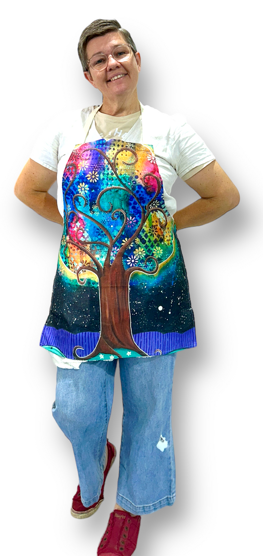 whimsy and me, whimsical, tree of life, intuitive painting, bold colors, flowers, water, free, purple, turquoise, forest, tree, adult apron