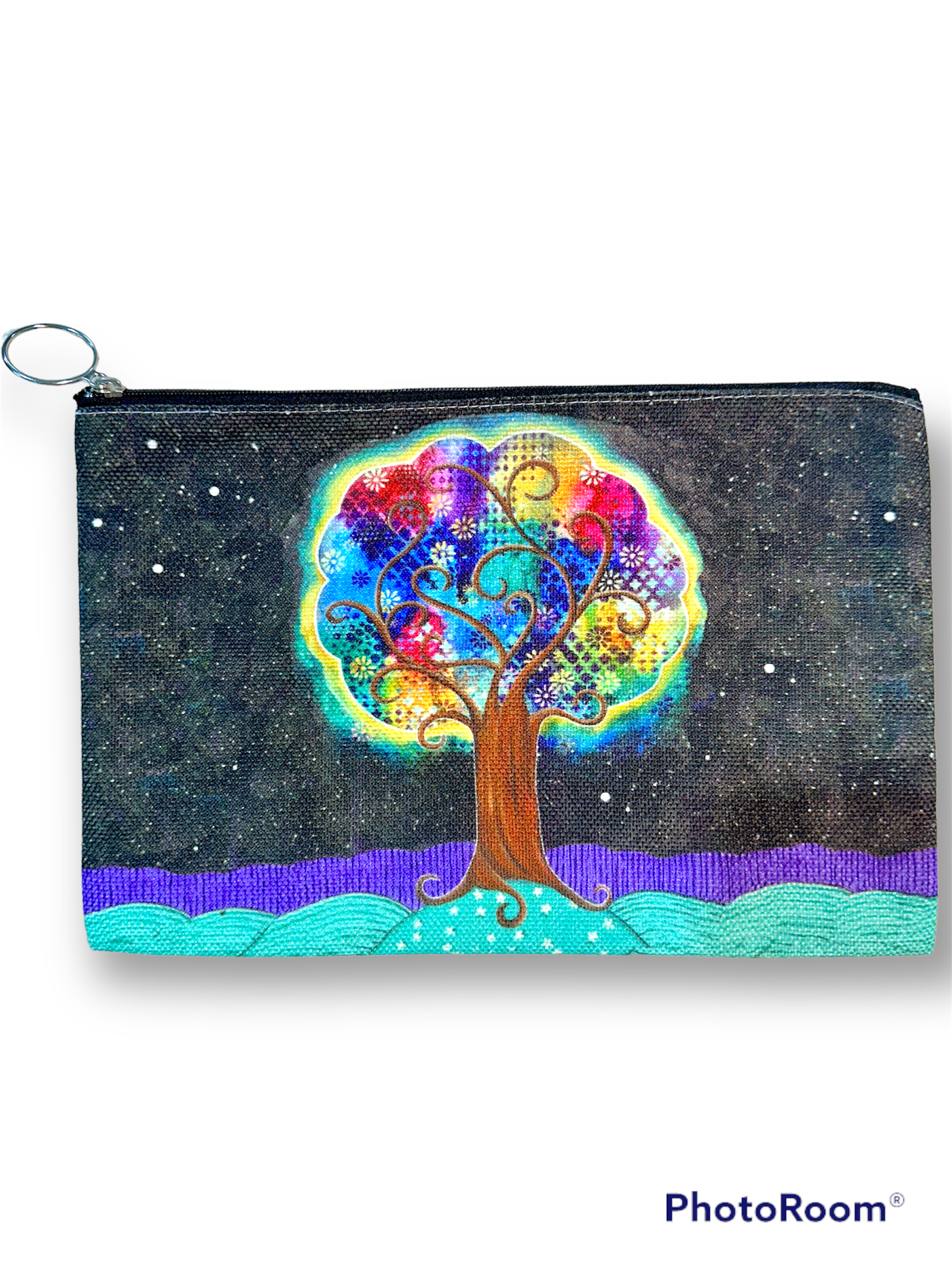 whimsy and me, whimsical, tree of life, intuitive painting, bold colors, flowers, water, free, purple, turquoise, forest, tree, beauty bag, zipper closure