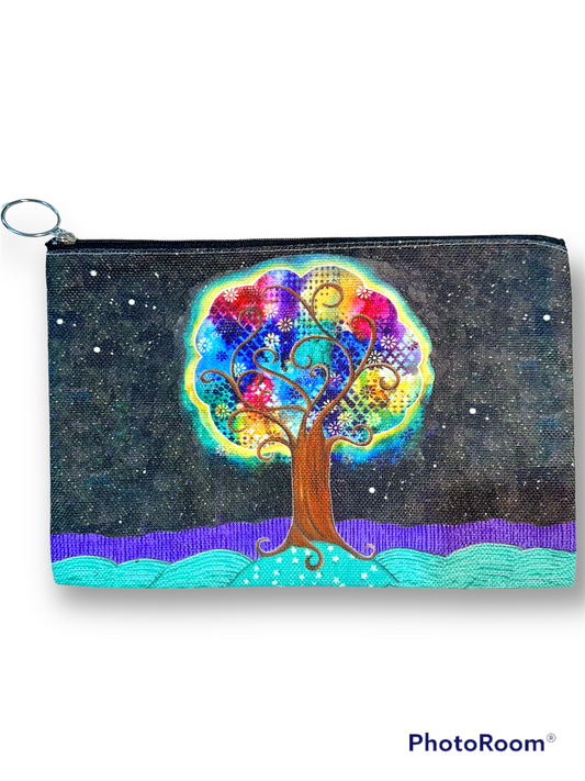 whimsy and me, whimsical, tree of life, intuitive painting, bold colors, flowers, water, free, purple, turquoise, forest, tree, beauty bag, zipper closure