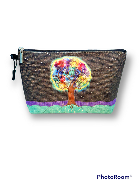 whimsy and me, whimsical, tree of life, intuitive painting, bold colors, flowers, water, free, purple, turquoise, forest, tree, beauty bag, zipper closure