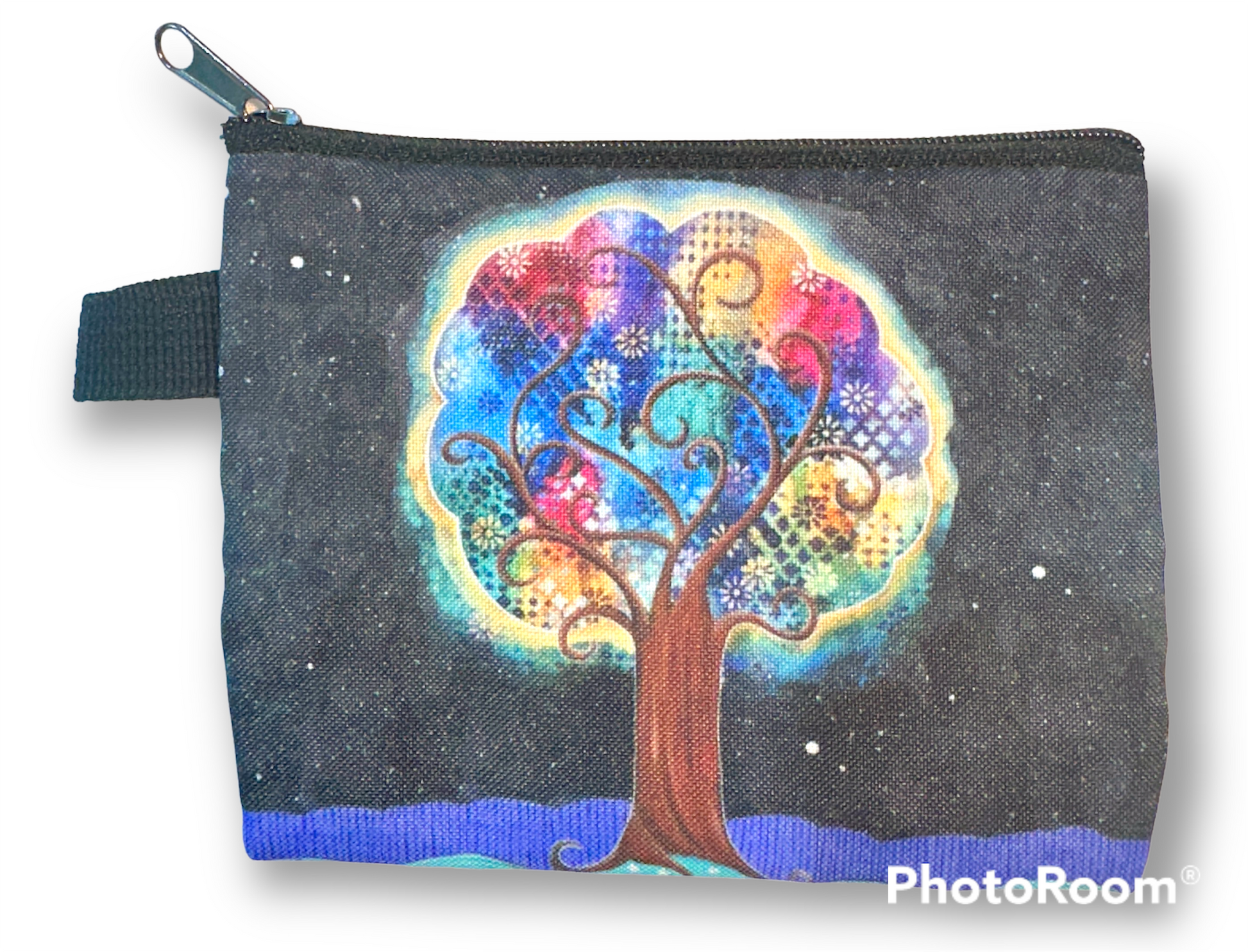 whimsy and me, whimsical, tree of life, intuitive painting, bold colors, flowers, water, free, purple, turquoise, forest, tree, coin purse, zipper closure