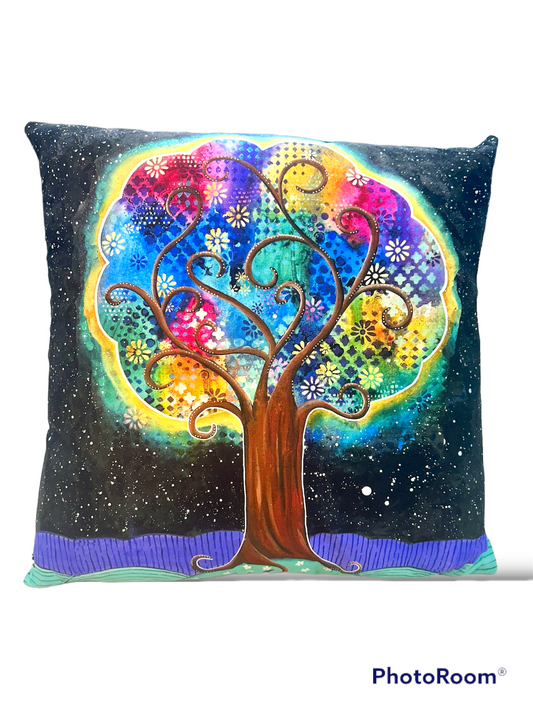 whimsy and me, whimsical, tree of life, intuitive painting, bold colors, flowers, water, free, purple, turquoise, forest, tree, cushion cover. soft, snuggly, zipper closure