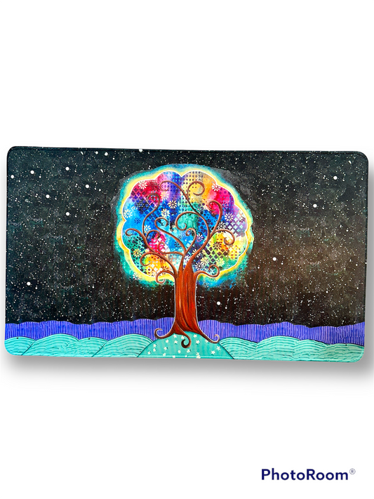 whimsy and me, whimsical, tree of life, intuitive painting, bold colors, flowers, water, free, purple, turquoise, forest, tree, gaming mat, soft