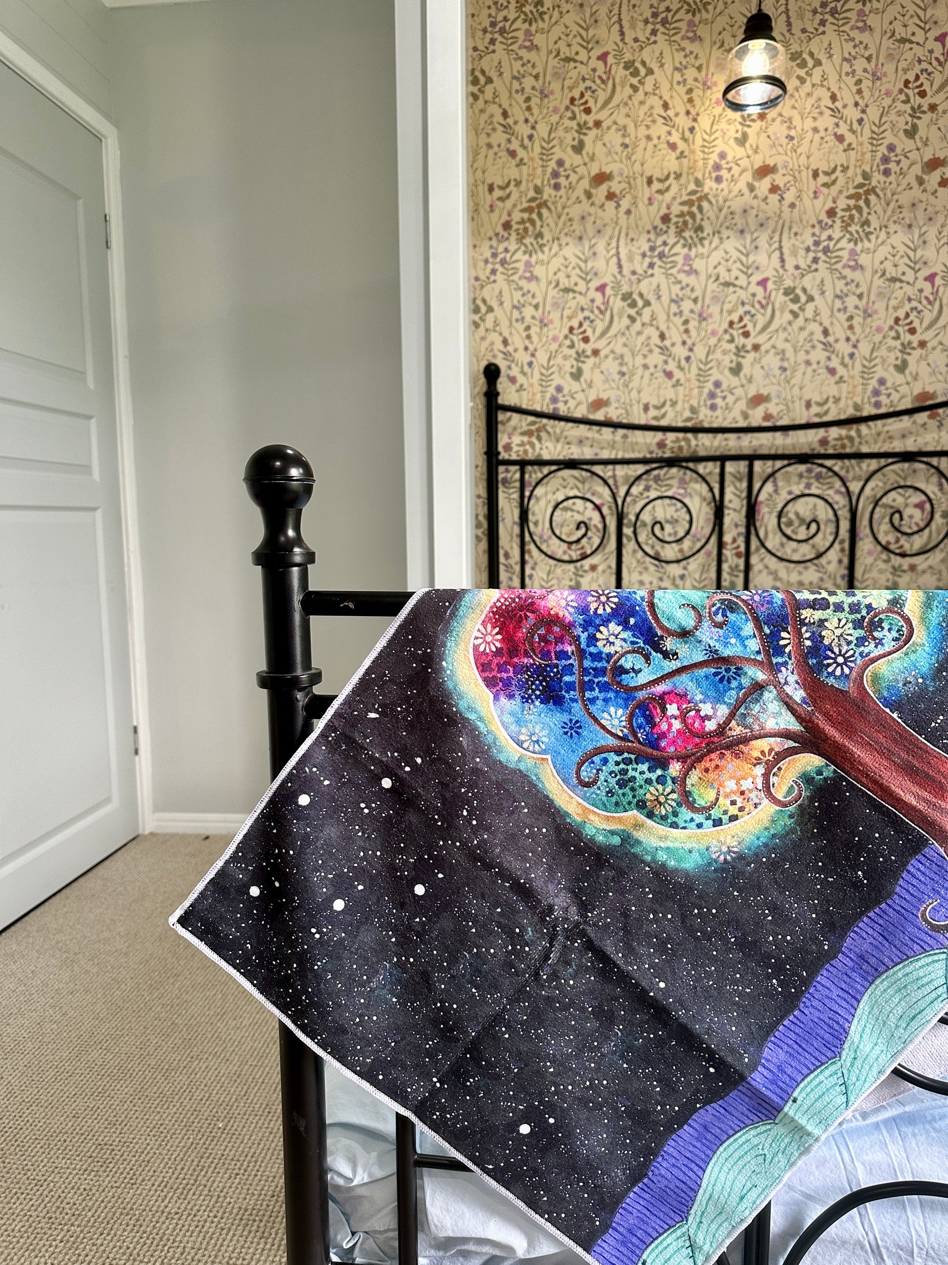 whimsy and me, whimsical, tree of life, intuitive painting, bold colors, flowers, water, free, purple, turquoise, forest, tree, gym towel, soft