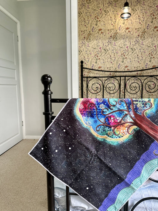 whimsy and me, whimsical, tree of life, intuitive painting, bold colors, flowers, water, free, purple, turquoise, forest, tree, gym towel, soft