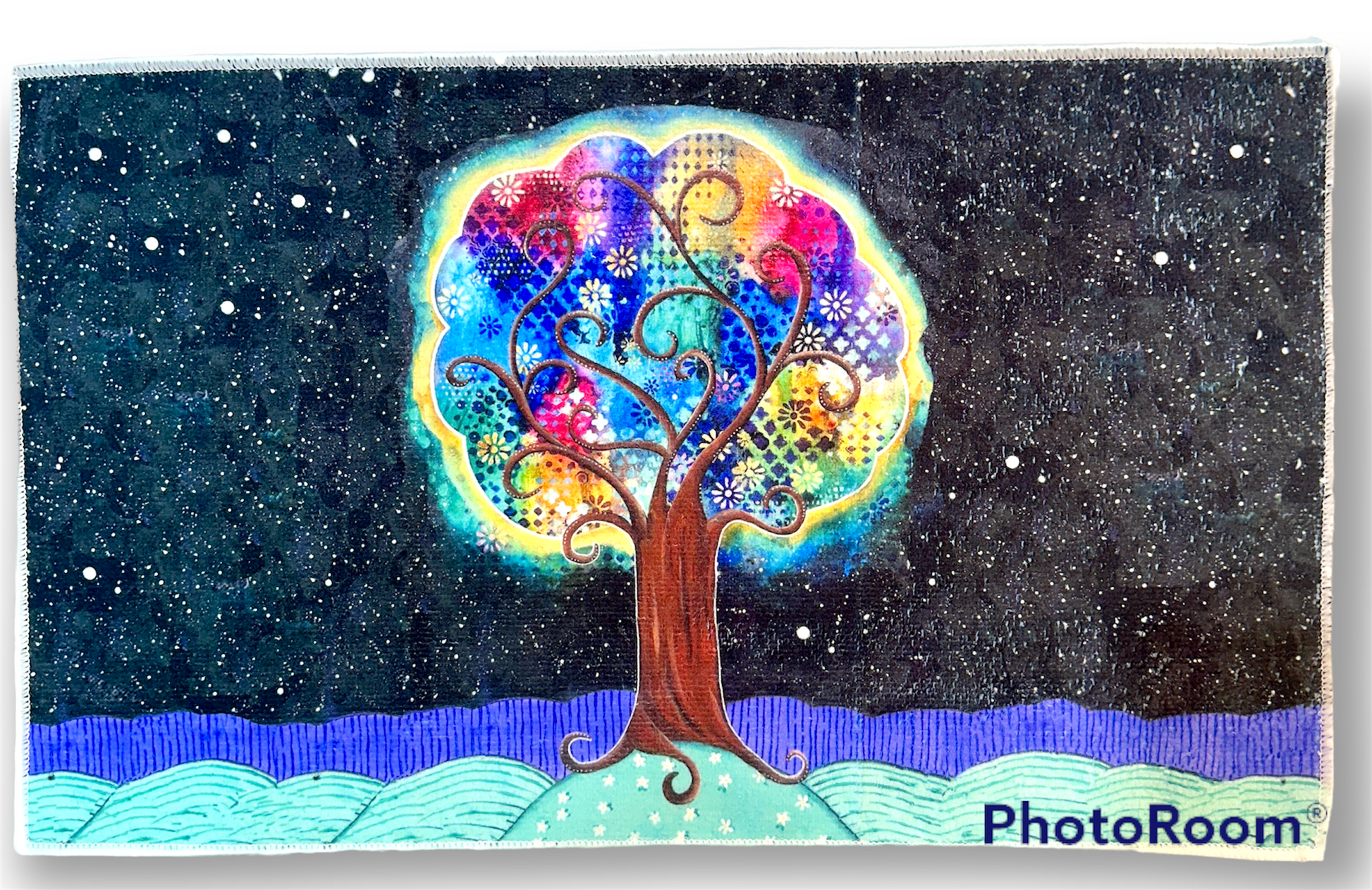 whimsy and me, whimsical, tree of life, intuitive painting, bold colors, flowers, water, free, purple, turquoise, forest, tree, hand towel, soft