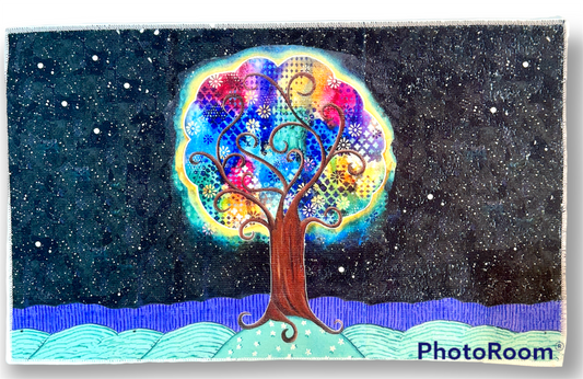 whimsy and me, whimsical, tree of life, intuitive painting, bold colors, flowers, water, free, purple, turquoise, forest, tree, hand towel, soft
