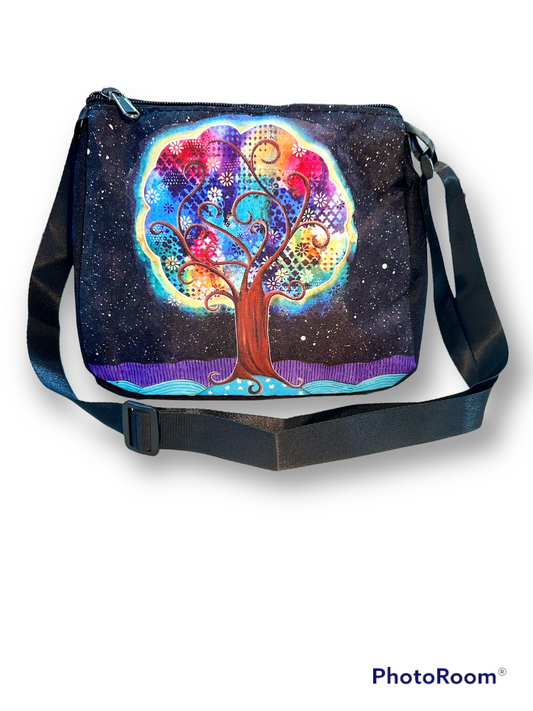 whimsy and me, whimsical, tree of life, intuitive painting, bold colors, flowers, water, free, purple, turquoise, forest, tree, hand bag, zipper closure, adjustable strap