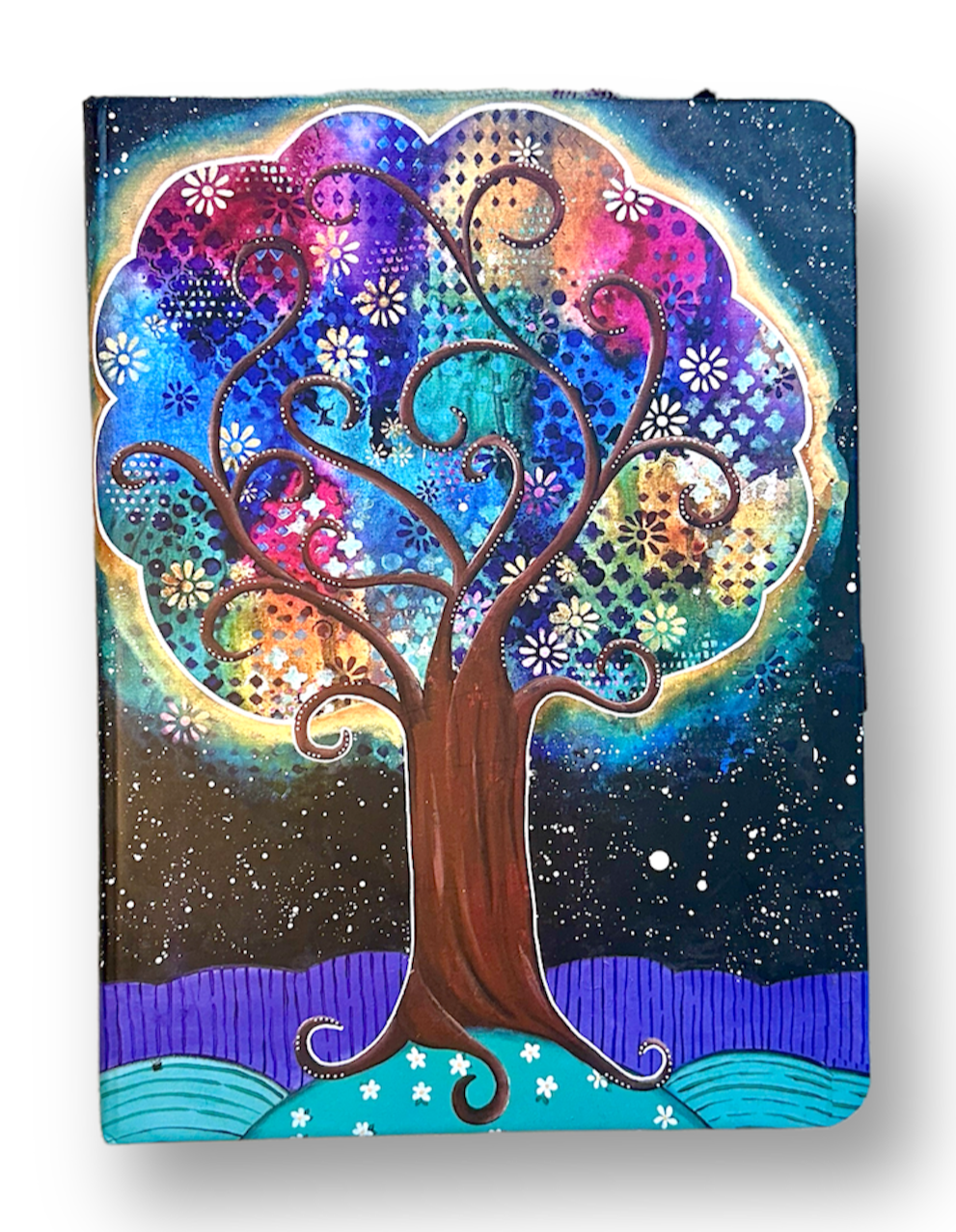 whimsy and me, whimsical, tree of life, intuitive painting, bold colors, flowers, water, free, purple, turquoise, forest, tree, journal, note book, hard cover, ruled lines