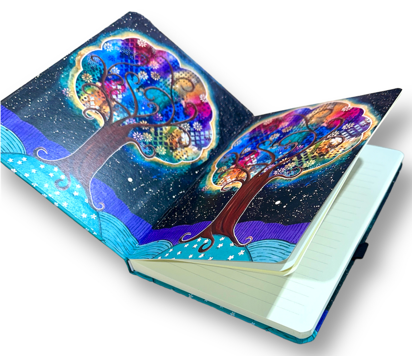 whimsy and me, whimsical, tree of life, intuitive painting, bold colors, flowers, water, free, purple, turquoise, forest, tree, journal, note book, hard cover, ruled lines