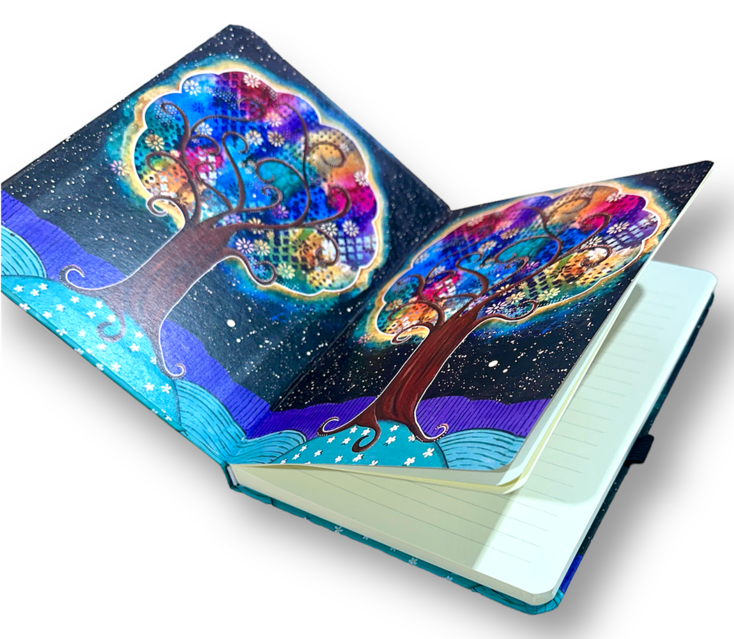 whimsy and me, whimsical, tree of life, intuitive painting, bold colors, flowers, water, free, purple, turquoise, forest, tree, journal, note book, hard cover