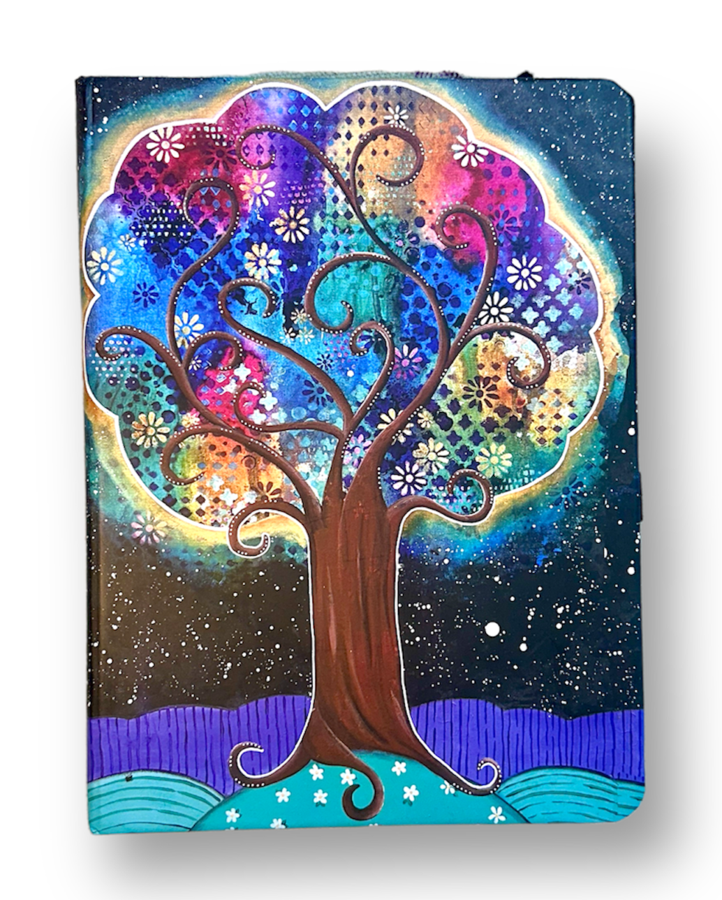 whimsy and me, whimsical, tree of life, intuitive painting, bold colors, flowers, water, free, purple, turquoise, forest, tree, journal, note book, hard cover