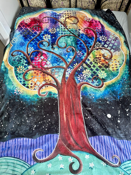 whimsy and me, whimsical, tree of life, intuitive painting, bold colors, flowers, water, free, purple, turquoise, forest, tree, minki blanket, soft, snuggly, cosy, queen bed