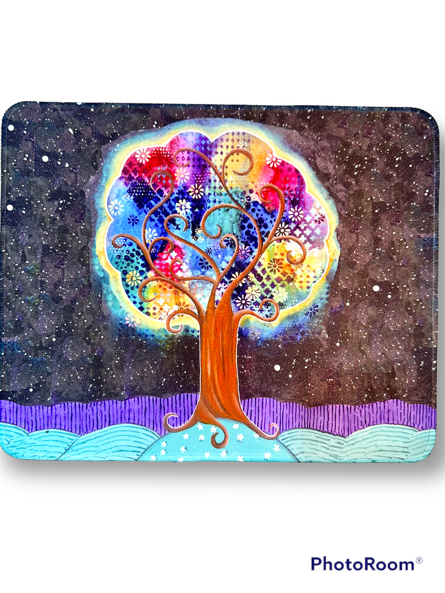 whimsy and me, whimsical, tree of life, intuitive painting, bold colors, flowers, water, free, purple, turquoise, forest, tree, mouse pad, soft