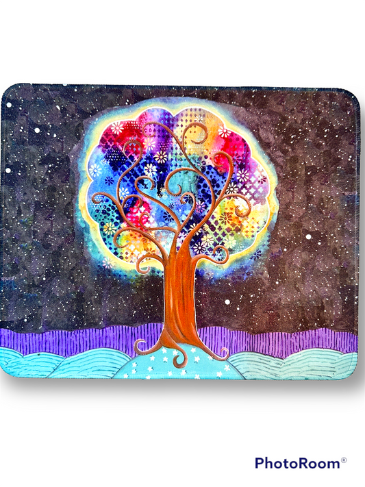 whimsy and me, whimsical, tree of life, intuitive painting, bold colors, flowers, water, free, purple, turquoise, forest, tree, mouse pad, soft