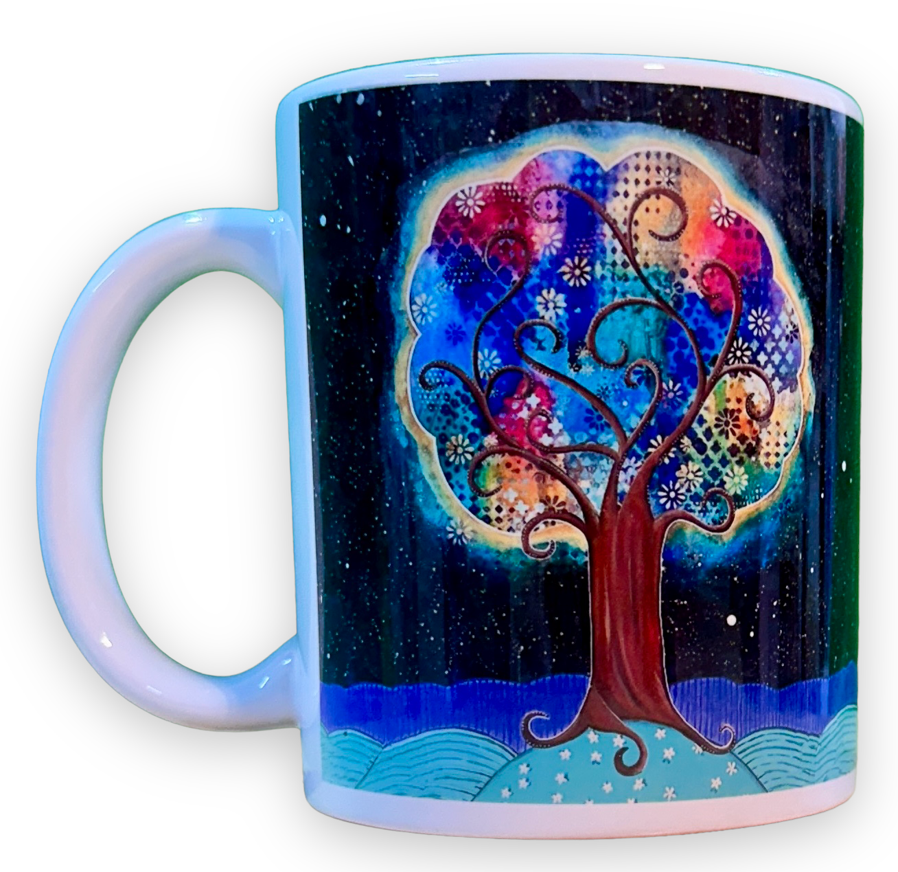 whimsy and me, whimsical, tree of life, intuitive painting, bold colors, flowers, water, free, purple, turquoise, forest, tree, mug