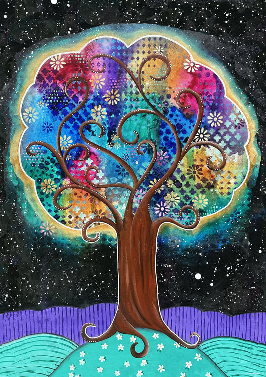 whimsy and me, whimsical, tree of life, intuitive painting, bold colors, flowers, water, free, purple, turquoise, forest, tree, art print