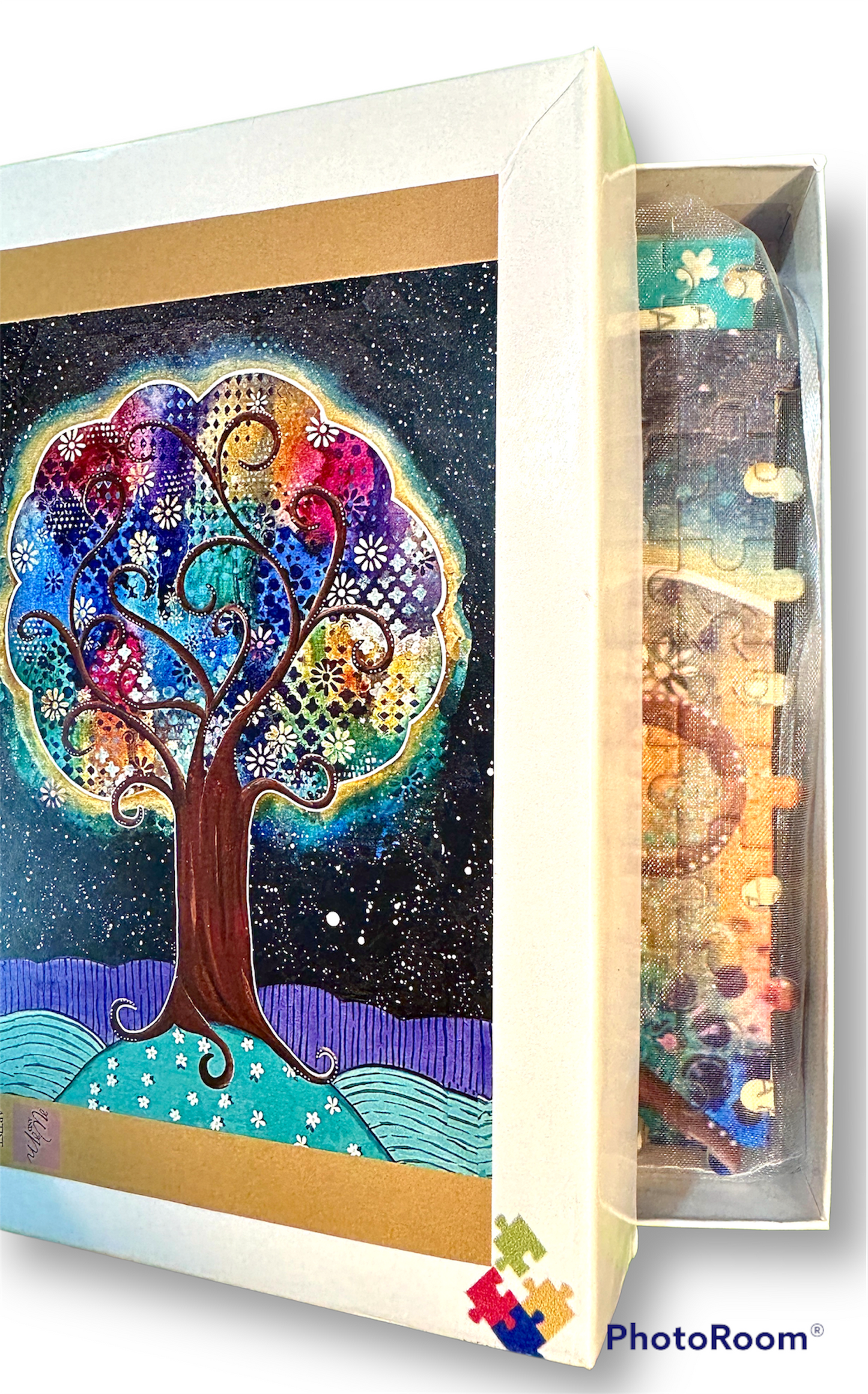 whimsy and me, whimsical, tree of life, intuitive painting, bold colors, flowers, water, free, purple, turquoise, forest, tree, puzzle, creative, fun