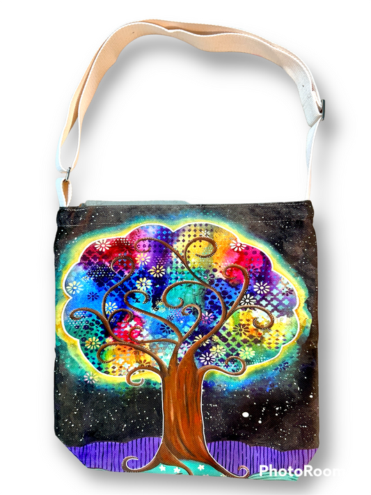 whimsy and me, whimsical, tree of life, intuitive painting, bold colors, flowers, water, free, purple, turquoise, forest, tree, satchel bag, zipper closure, phone pocket, adjustable strap